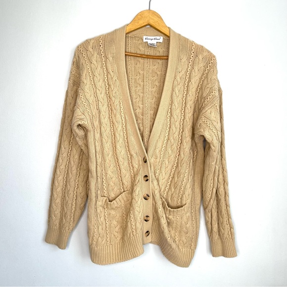 Vintage Sweaters - Vintage Cable Knit Cardigan Sweater Women’s Small Tan Grandmacore Tunic